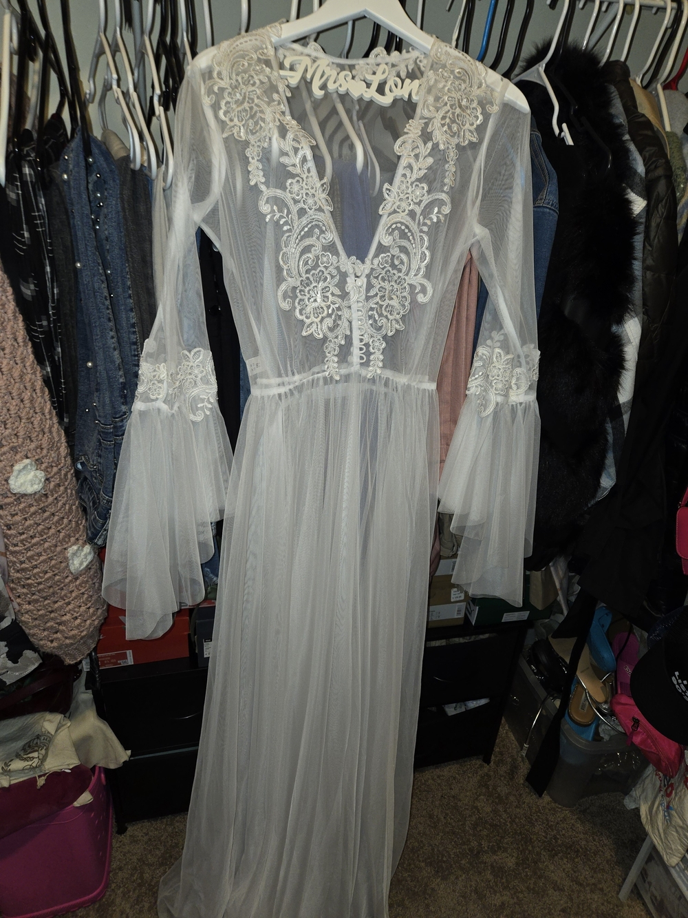 Sheer Lace Embroidered Long Sleeve Belted Robe- White